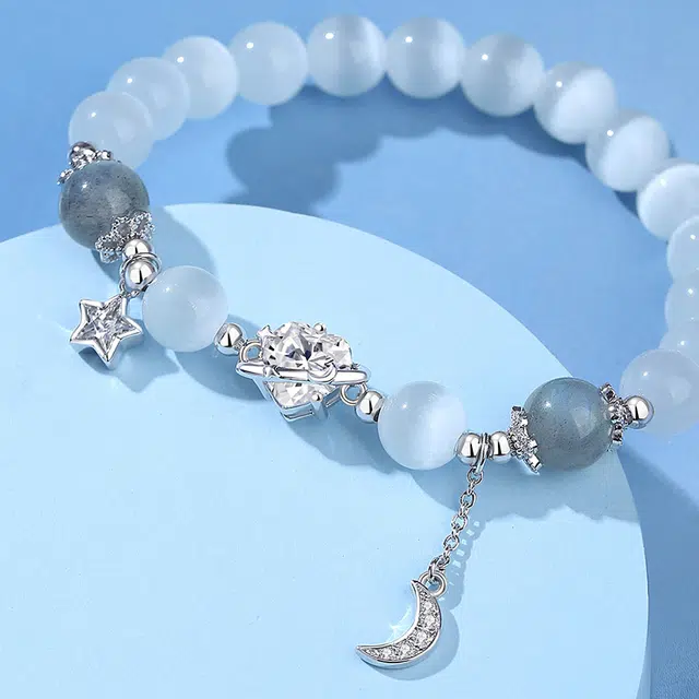 银千惠 新中式浪漫星月国潮闪耀星星宝石镶嵌大颗心形闪锆璀璨吸睛月亮流苏串珠链 国潮准运珠流苏平安纳福手腕链 小众白月光 手串 女款
