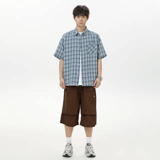 玉儿恋 日系多巴胺格子风宽松休闲翻领短袖时尚百搭衬衫 男女同款