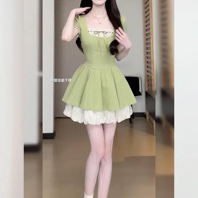松本丧丧 甜美花苞裙复古蕾丝拼接收腰气质短袖连衣裙 女款