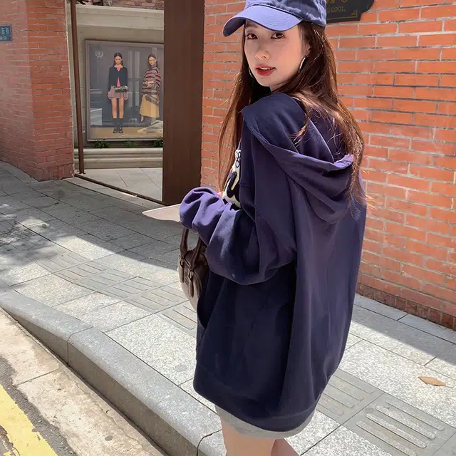松本丧丧 慵懒风字母连帽通勤卫衣 女款 藏青色