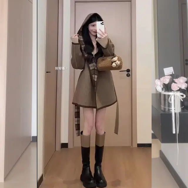 松本丧丧 舒适休闲简约慵懒风格子精致长袖毛衣 女款 咖色