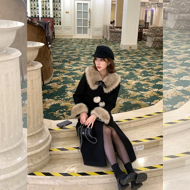 松本丧丧 日韩版复古黑色毛毛外套 秋冬拼接气质宽松毛呢大衣 女款