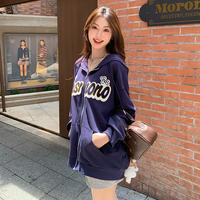 松本丧丧 慵懒风字母连帽通勤卫衣 女款 藏青色