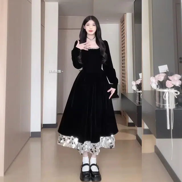 松本丧丧 复古亮片方领赫本风收腰长袖连衣裙 女款 黑色
