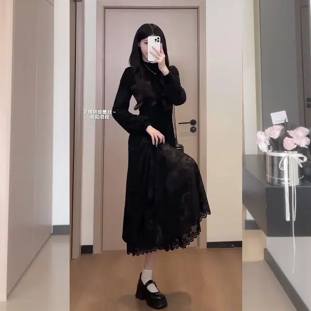 松本丧丧 高领假两件拼接蕾丝长袖连衣裙 女款
