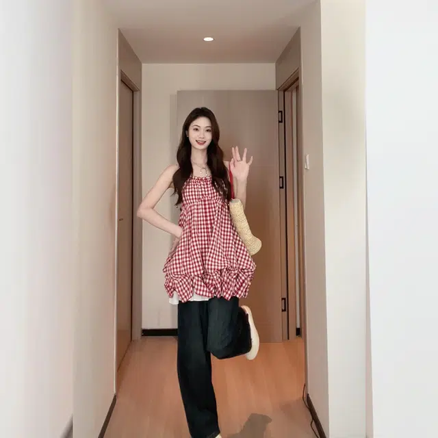 松本丧丧 格纹蝴蝶结短款吊带连衣裙 女款 红格