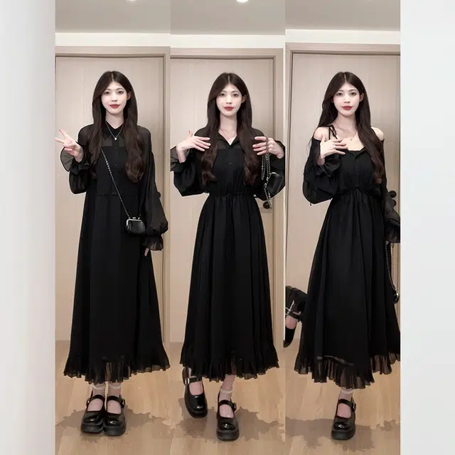 松本丧丧 舒适宽松纯色长袖连衣裙 女款