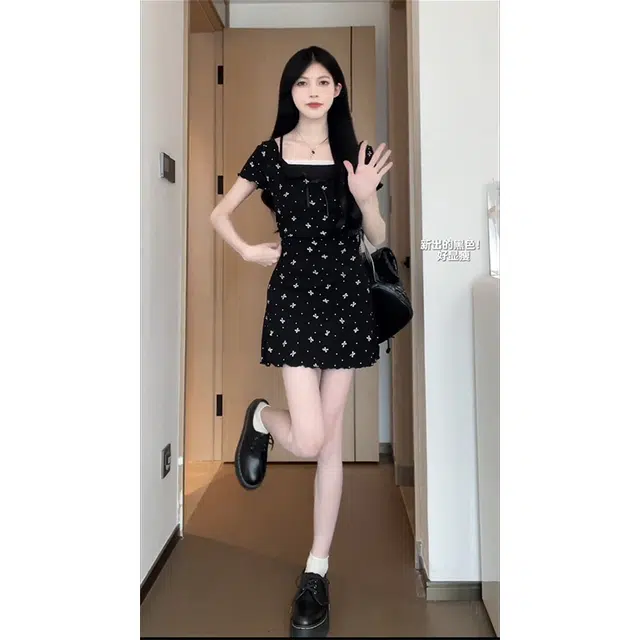 依钗 法式少女感蝴蝶结波点印花收腰显瘦短袖连衣裙 女款