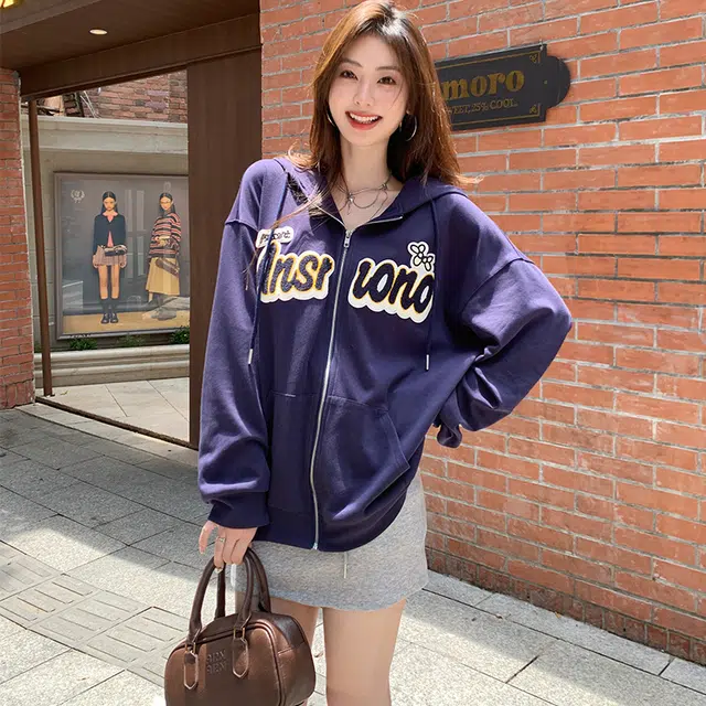 松本丧丧 慵懒风字母连帽通勤卫衣 女款 藏青色