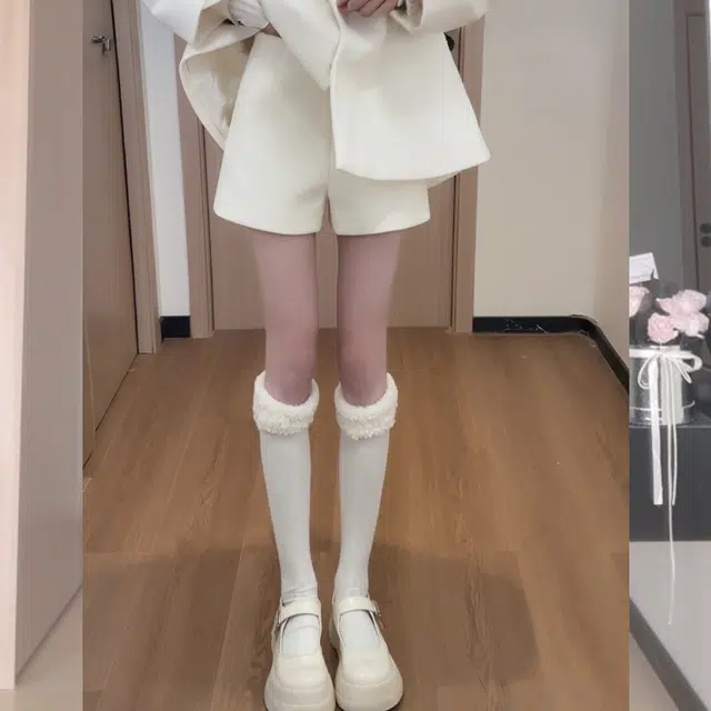 松本丧丧 时尚毛领高级加厚长袖外套修身纯色短裤休闲套装 女款 黑色
