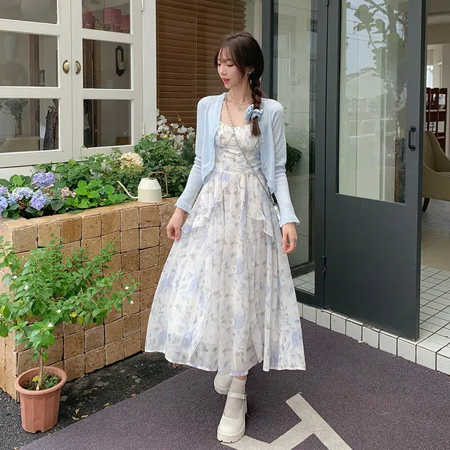 松本丧丧 蓝铃碎花晕染仙女裙吊带气质设计收腰连衣长裙夏季新款裙子女 女款