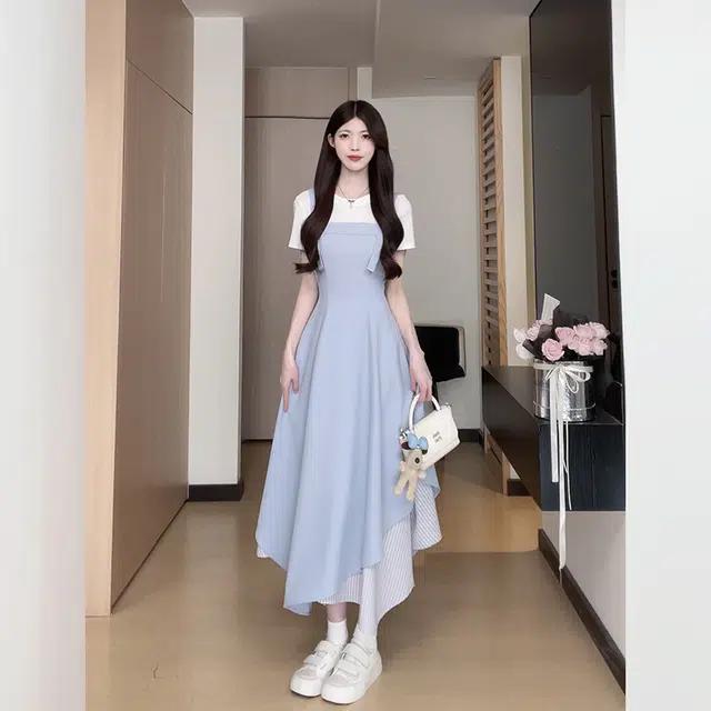 松本丧丧 清新穿搭高腰显瘦背带裙时尚学院风吊带连衣裙 女款