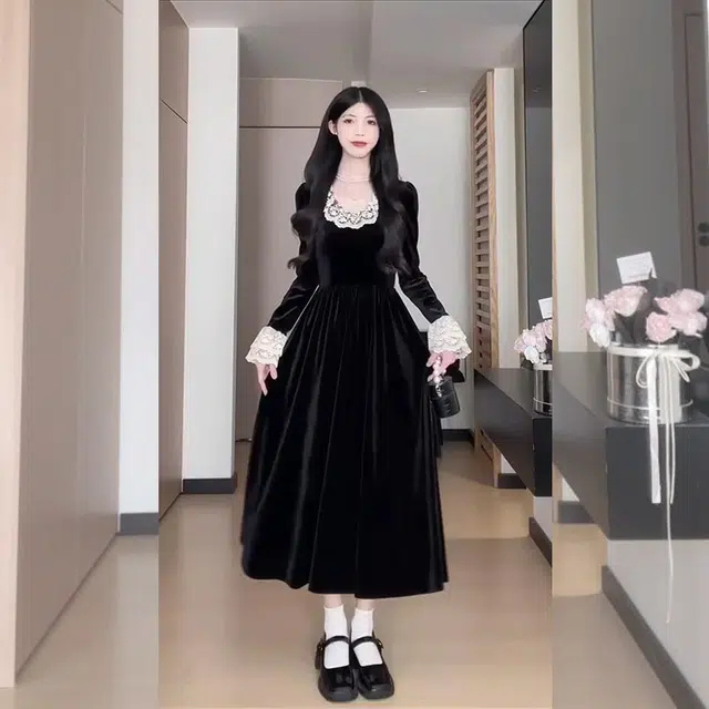 松本丧丧 纯色中长款舒适蕾丝花边泡泡长袖连衣裙 女款 黑色