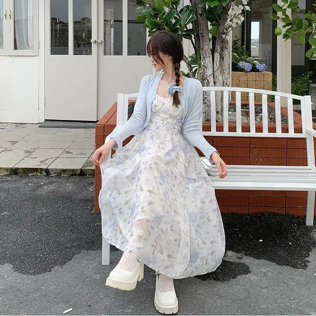 松本丧丧 蓝铃碎花晕染仙女裙吊带气质设计收腰连衣长裙夏季新款裙子女 女款