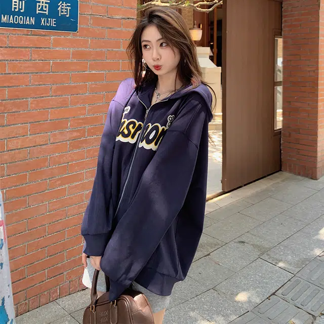 松本丧丧 慵懒风字母连帽通勤卫衣 女款 藏青色