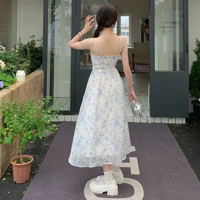 松本丧丧 蓝铃碎花晕染仙女裙吊带气质设计收腰连衣长裙夏季新款裙子女 女款