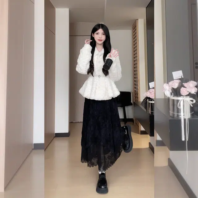 松本丧丧 高领假两件拼接蕾丝长袖连衣裙 女款