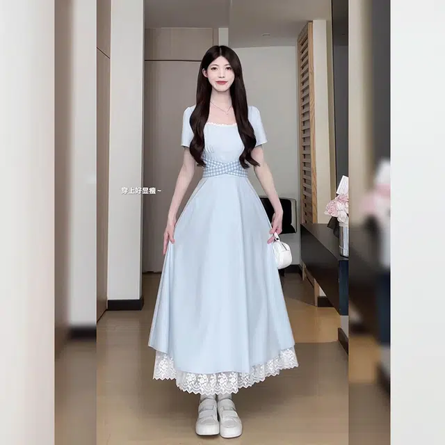 松本丧丧 法式优雅气质方领格子绑带设计感时尚长裙短袖连衣裙 女款