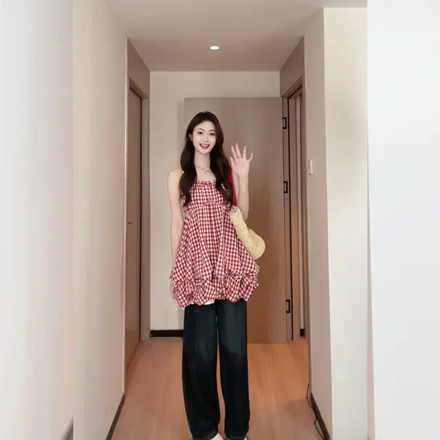 松本丧丧 格纹蝴蝶结短款吊带连衣裙 女款 红格