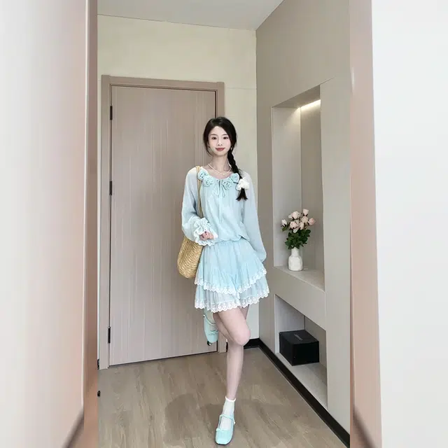 松本丧丧 两件套显瘦减龄薄荷绿温柔荷叶边衬衫裙装套装 女款 薄荷绿衬衫+短裙