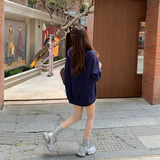 松本丧丧 慵懒风字母连帽通勤卫衣 女款 藏青色