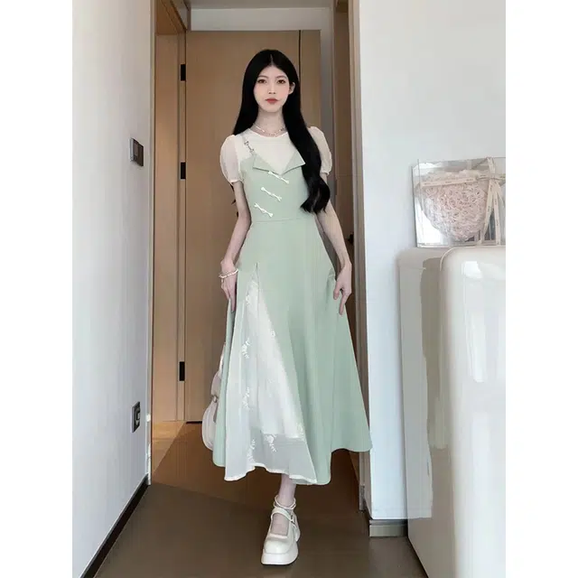 松本丧丧 气质新中式国风连衣裙女夏季收腰显瘦高级感茶歇长裙子 女款