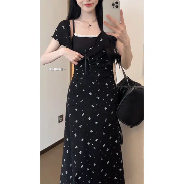 依钗 法式少女感蝴蝶结波点印花收腰显瘦短袖连衣裙 女款