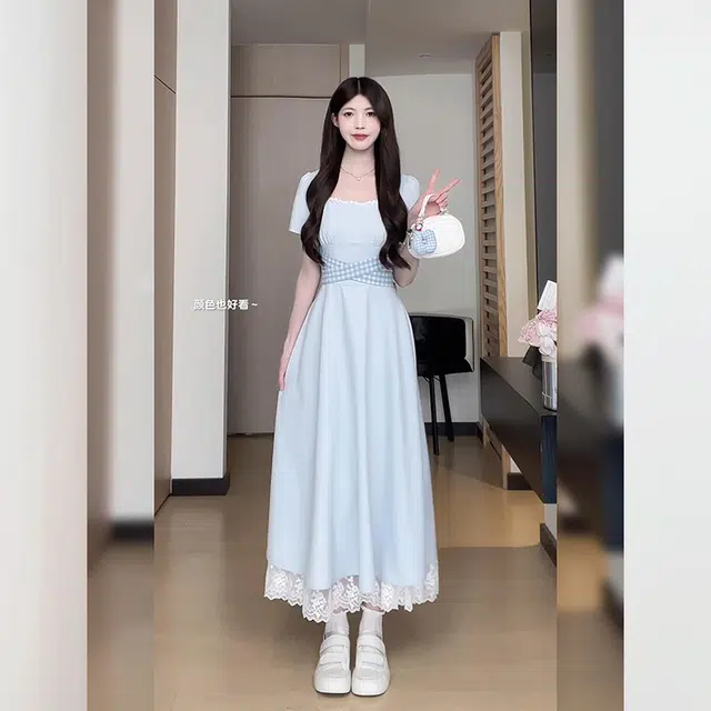 松本丧丧 法式优雅气质方领格子绑带设计感时尚长裙短袖连衣裙 女款