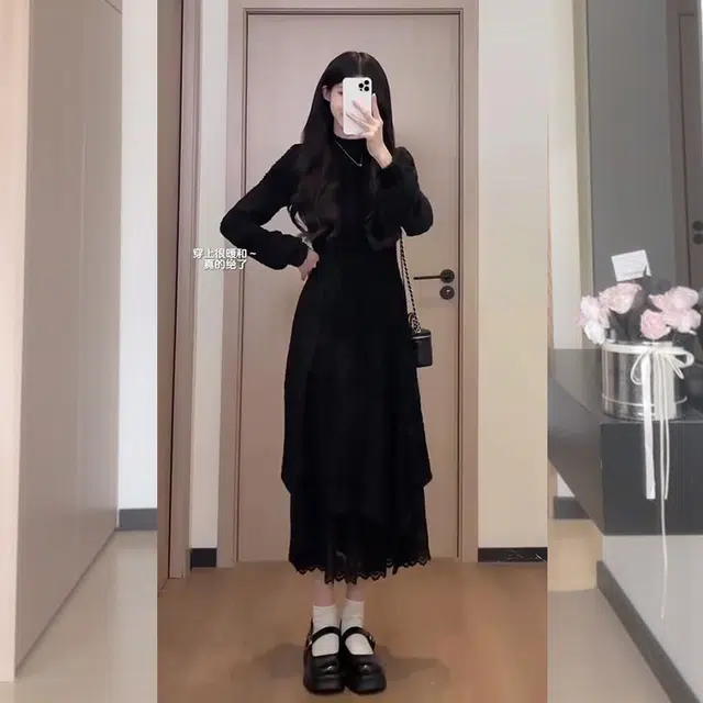 松本丧丧 高领假两件拼接蕾丝长袖连衣裙 女款