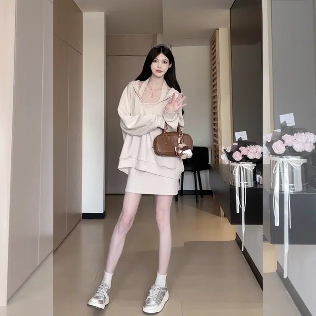松本丧丧 早秋季日韩系气质简约高级感卫衣女设计感显瘦收腰吊带裙装套装裙 女款