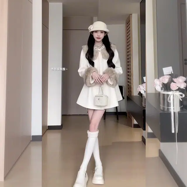 松本丧丧 时尚毛领高级加厚长袖外套修身纯色短裤休闲套装 女款 黑色