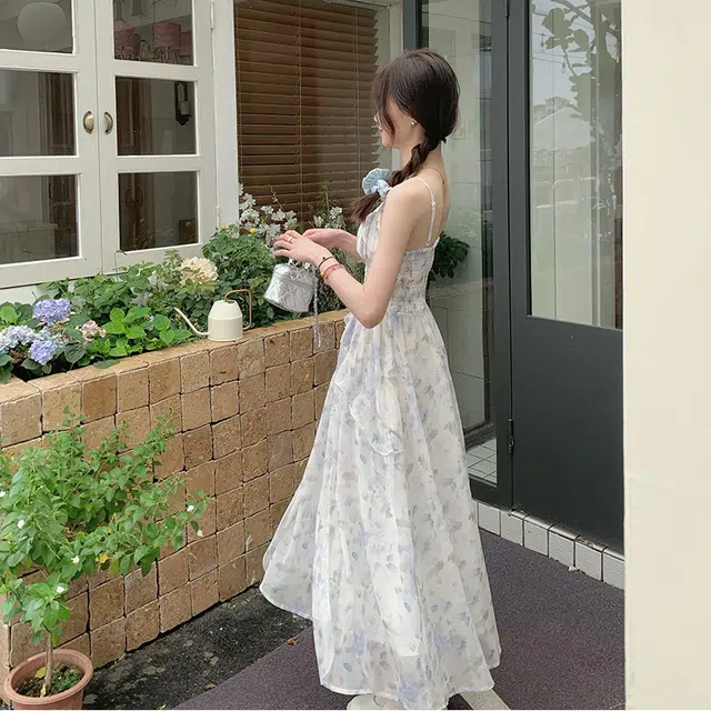 松本丧丧 蓝铃碎花晕染仙女裙吊带气质设计收腰连衣长裙夏季新款裙子女 女款