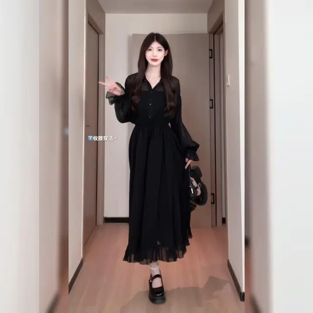 松本丧丧 舒适宽松纯色长袖连衣裙 女款