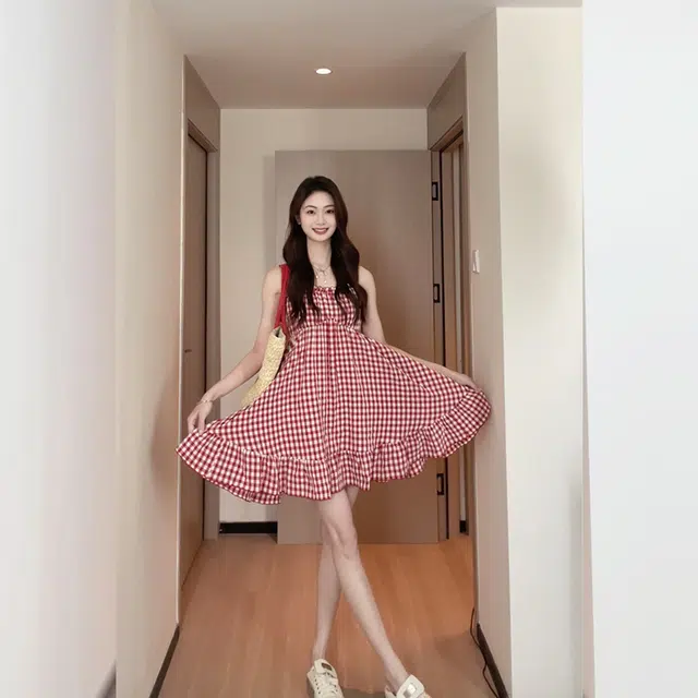 松本丧丧 格纹蝴蝶结短款吊带连衣裙 女款 红格