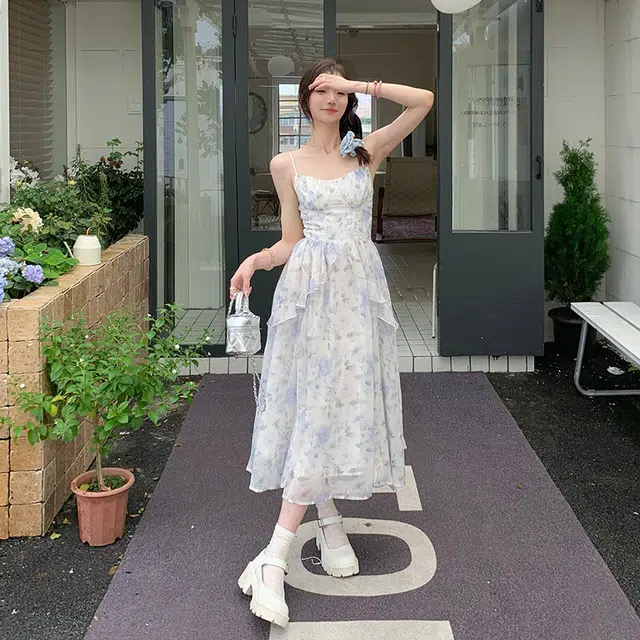 松本丧丧 蓝铃碎花晕染仙女裙吊带气质设计收腰连衣长裙夏季新款裙子女 女款