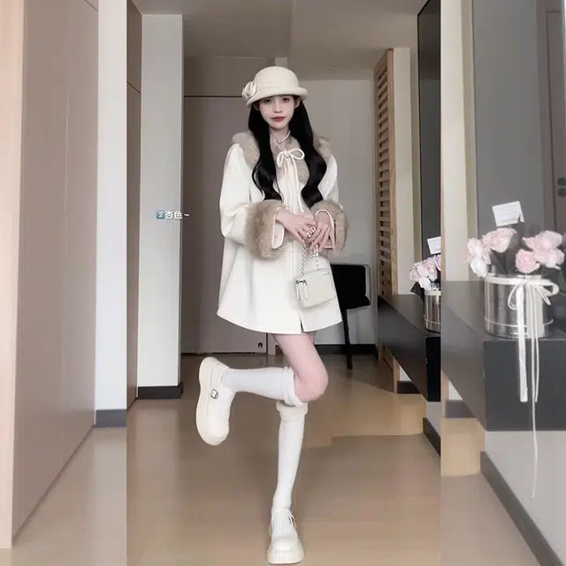 松本丧丧 时尚毛领高级加厚长袖外套修身纯色短裤休闲套装 女款 黑色