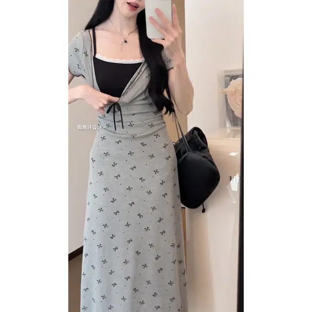 依钗 法式少女感蝴蝶结波点印花收腰显瘦短袖连衣裙 女款