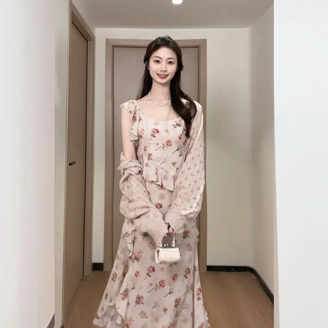 松本丧丧 温柔浪漫小花设计吊带裙蕾丝开衫百搭优雅气质裙装套装 女款 粉色
