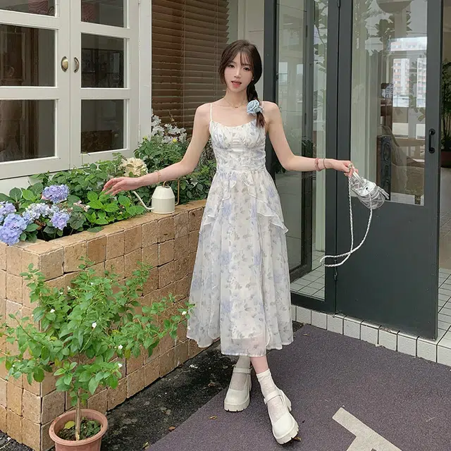松本丧丧 蓝铃碎花晕染仙女裙吊带气质设计收腰连衣长裙夏季新款裙子女 女款