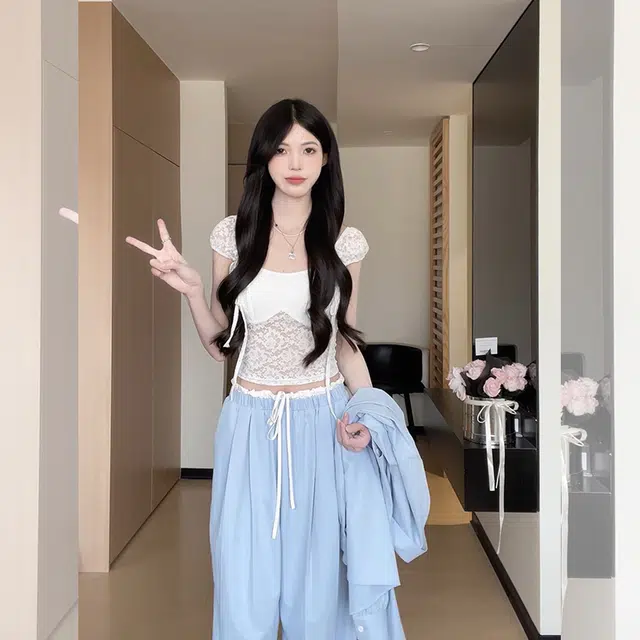 松本丧丧 慵懒风垂感设计感舒适透气休闲裤 女款 蓝色裤子