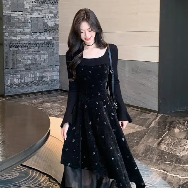 松本丧丧 蝴蝶拼接磨毛收腰针织长袖连衣裙 女款 黑色