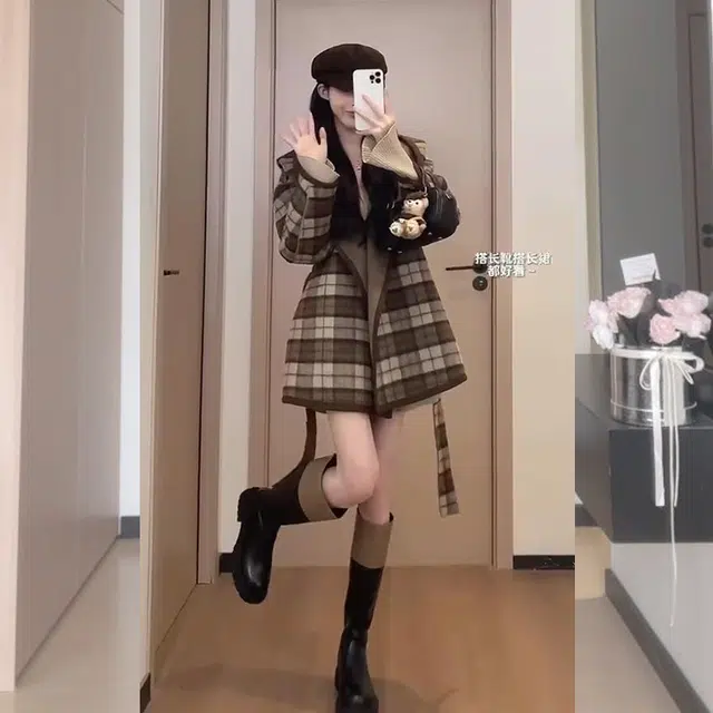 松本丧丧 舒适休闲简约慵懒风格子精致长袖毛衣 女款 咖色