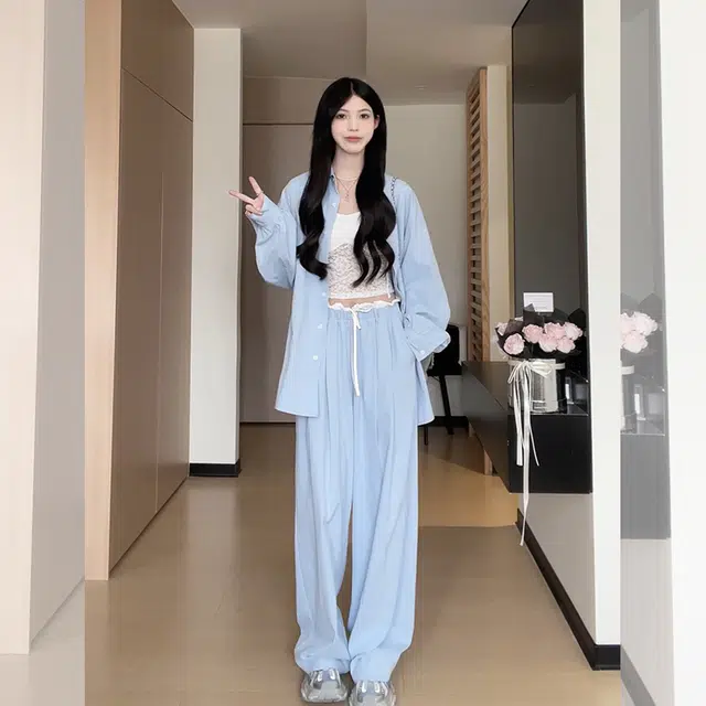 松本丧丧 慵懒风垂感设计感舒适透气休闲裤 女款 蓝色裤子
