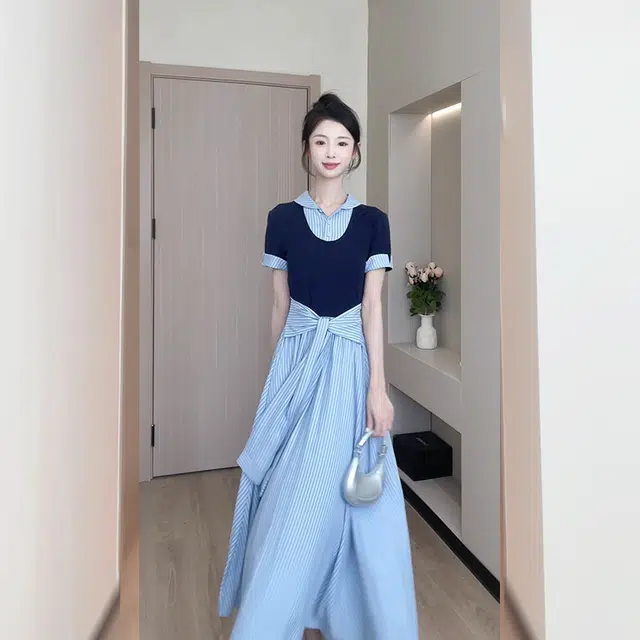 松本丧丧 夏季 衬衫式假两件条纹绑带时尚长裙欧诺风减龄短袖连衣裙 女款