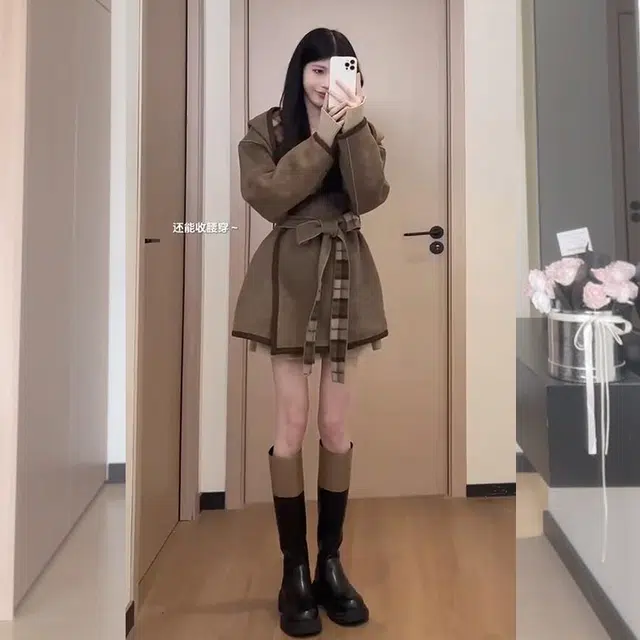 松本丧丧 舒适休闲简约慵懒风格子精致长袖毛衣 女款 咖色