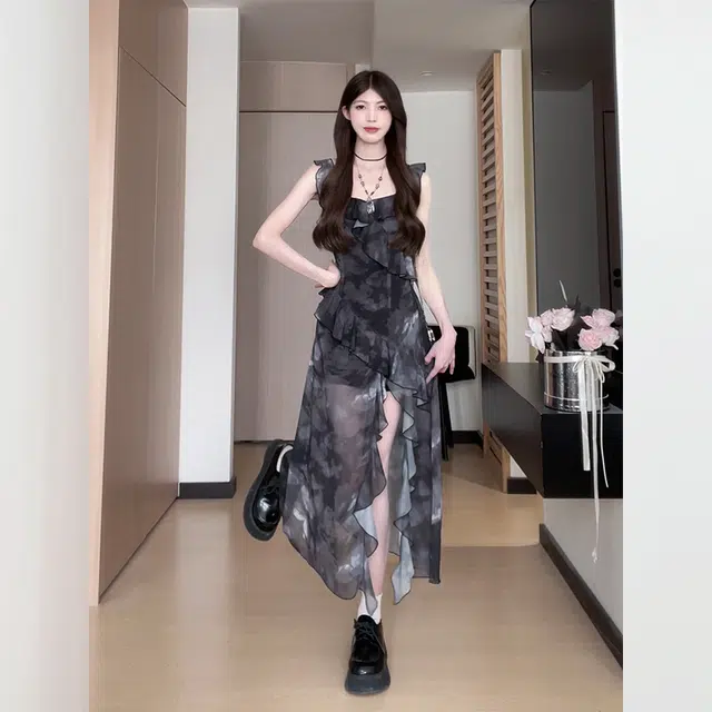 松本丧丧 高腰修身荷叶边不规则短袖连衣裙外搭裙装套装 女款