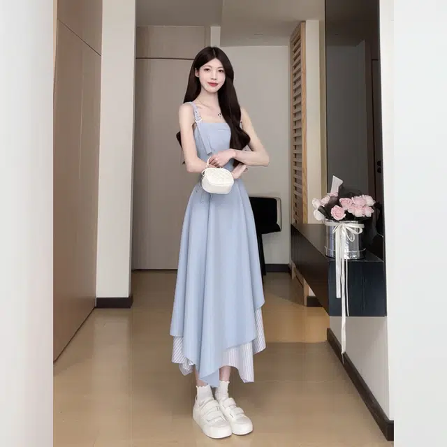 松本丧丧 清新穿搭高腰显瘦背带裙时尚学院风吊带连衣裙 女款