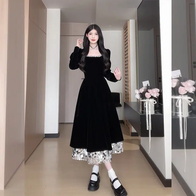 松本丧丧 复古亮片方领赫本风收腰长袖连衣裙 女款 黑色