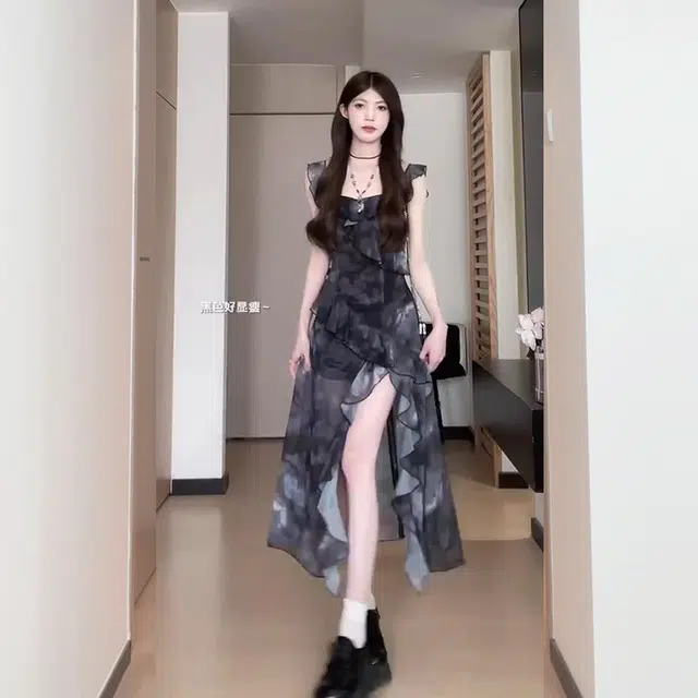 松本丧丧 高腰修身荷叶边不规则短袖连衣裙外搭裙装套装 女款