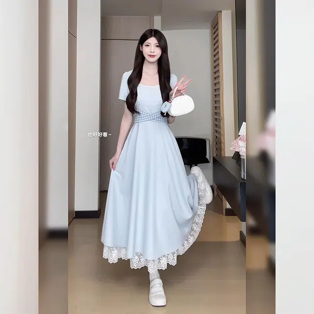松本丧丧 法式优雅气质方领格子绑带设计感时尚长裙短袖连衣裙 女款